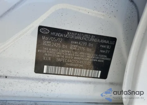 2012 Hyundai Sonata Se z USA, uszkodzony, nr VIN 5NPEC4AC1CH487133